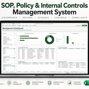 May include: A laptop screen displaying an SOP, Policy & Internal Controls Management System dashboard. The interface features a Management Dashboard with various charts, tables, and data points for governance, reviews, evidence, controls, and compliance.