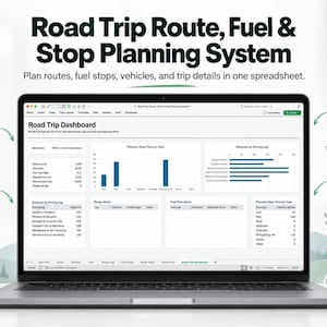 May include: A laptop displaying a Road Trip Route, Fuel & Stop Planning System spreadsheet. The screen shows a Road Trip Dashboard with charts, distance logs, and fuel alerts. Icons on the sides highlight dashboard, route, fuel, and vehicle tracking.