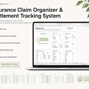 May include: An Excel spreadsheet template for an Insurance Claim Organizer & Settlement Tracking System displayed on a laptop screen. The interface features a dashboard with charts, claim logs, itemized tracking, document management, and payment summaries.