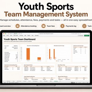 Youth Sports Team Management Excel Spreadsheet | Roster, Schedule, Attendance, Fees, Payments, Tasks & Dashboard for Coaches + Team Managers