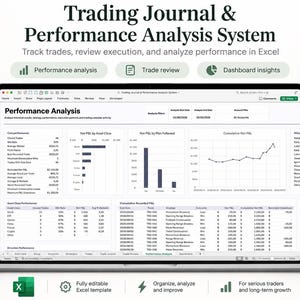 May include: A laptop screen displaying a Trading Journal & Performance Analysis System Excel template. The interface shows charts, tables, and data columns for tracking trades, reviewing execution, and analyzing performance metrics for financial assets.