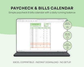 Paycheck & Bills Calendar Excel – Monthly Daily Budget Planner with Running Balance