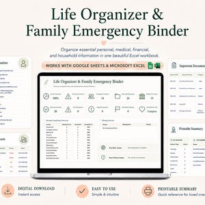 Life Organizer Family Emergency Binder, Important Documents Excel Template, Final Wishes Planner, Medical Info Workbook, Personal Record Log