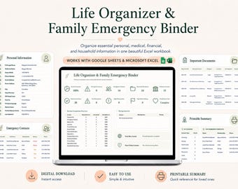 Life Organizer Family Emergency Binder, Important Documents Excel Template, Final Wishes Planner, Medical Info Workbook, Personal Record Log