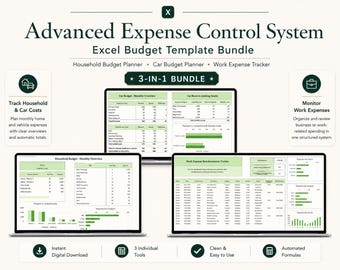 Advanced Expense Control System Bundle | Household Budget Planner | Car Budget Planner | Work Expense Tracker | Excel Budget Template