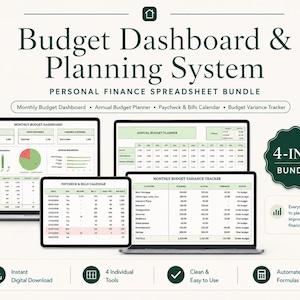 May include: A digital graphic promoting a budget dashboard and planning system. The image displays four different spreadsheet views on laptops and tablets. Text includes "Budget Dashboard & Planning System" and "Personal Finance Spreadsheet Bundle."