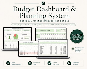 Personal Finance Budget Dashboard, Annual Money Planner, Paycheck Bills Calendar, Monthly Variance Tracker, Automated Excel Template Bundle