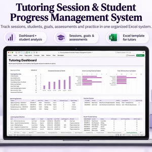 Könnte beinhalten: Ein digitales System zur Verwaltung von Nachhilfesitzungen und Schülerfortschritten auf einem Laptop-Bildschirm. Die Benutzeroberfläche zeigt ein Dashboard mit Diagrammen, Tabellen und Daten zur Nachverfolgung von Sitzungen und Lernzielen.