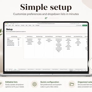 May include: A laptop screen displaying a spreadsheet interface titled Setup with columns for estate statuses, beneficiary types, and asset categories. Text includes Simple setup, Customize preferences and dropdown lists in minutes.