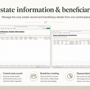May include: A digital spreadsheet template titled Estate information & beneficiaries, featuring two views for managing estate records and beneficiary details. Includes icons for central estate records, beneficiary tracking, and planned distributions.