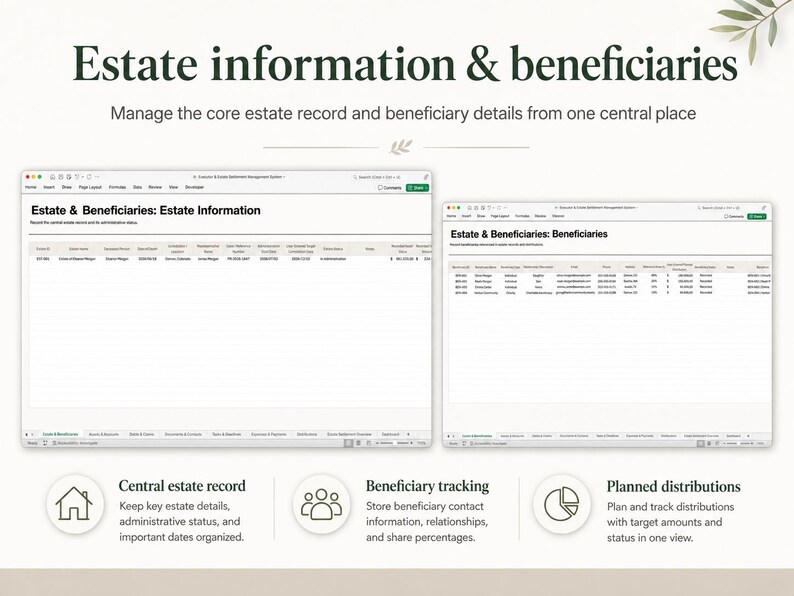 May include: A digital spreadsheet template titled Estate information & beneficiaries, featuring two views for managing estate records and beneficiary details. Includes icons for central estate records, beneficiary tracking, and planned distributions.