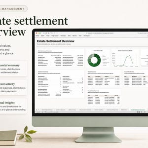 May include: A computer monitor displaying an Estate Settlement Overview dashboard with financial data, a pie chart, a line graph, and bar charts. The screen shows tables for asset summaries, recent expenses, and account distributions in a spreadsheet format.