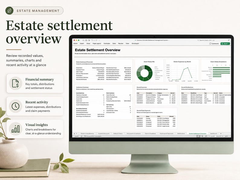 May include: A computer monitor displaying an Estate Settlement Overview dashboard with financial data, a pie chart, a line graph, and bar charts. The screen shows tables for asset summaries, recent expenses, and account distributions in a spreadsheet format.