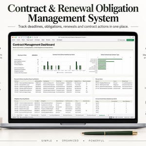 Op de afbeelding: Een laptopscherm met een dashboard voor het beheer van contracten en verlengingsverplichtingen, voorzien van gegevenstabellen, staafdiagrammen en kolommen voor het bijhouden van deadlines, verplichtingen en contractverlengingen.