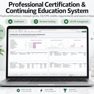 Monitor certyfikacji zawodowej w programie Excel | Monitor kształcenia ustawicznego CE CPE | Arkusz kalkulacyjny do zarządzania odnawianiem, poświadczeniami, kredytami i egzaminami