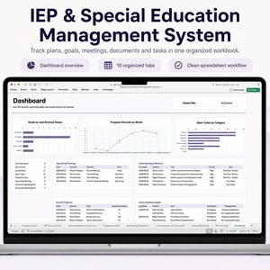 Op de afbeelding: Een laptopscherm met een dashboard voor een IEP- en speciaal onderwijsbeheersysteem. De interface bevat grafieken, voortgangsrapporten en takenlijsten met georganiseerde tabbladen voor het bijhouden van doelen, vergaderingen en documenten.