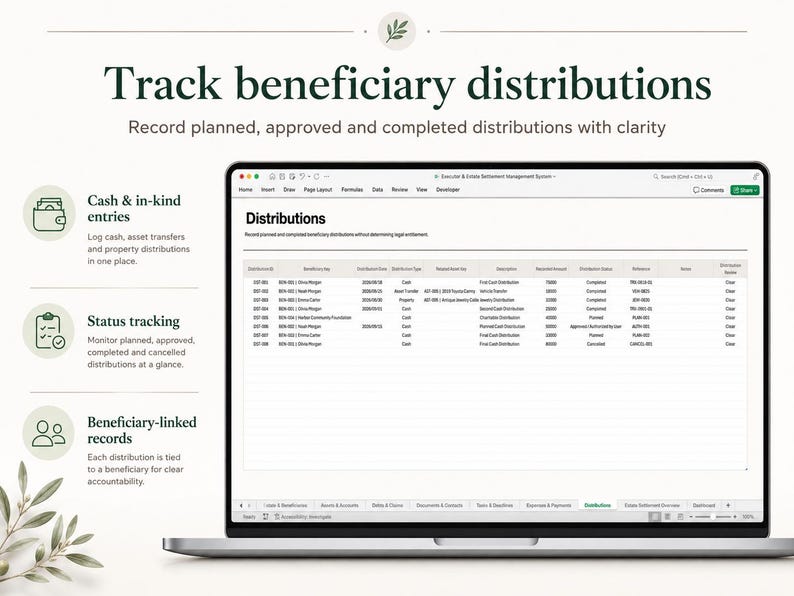 May include: A laptop screen displaying a spreadsheet titled Distributions for tracking beneficiary distributions. The interface includes sections for cash and in-kind entries, status tracking, and beneficiary-linked records with text labels.