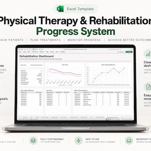 Op de afbeelding: Een laptopscherm met een Excel-sjabloon voor een systeem voor fysiotherapie en revalidatievoortgang. Het dashboard bevat een koptekst, lijngrafieken voor pijntrends en therapietrouw, en tabellen met patiëntgegevens.