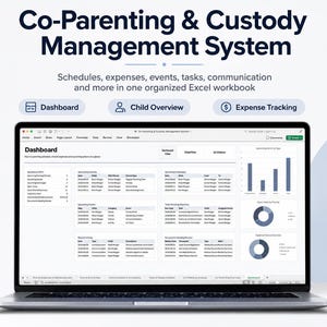 Op de afbeelding: Een laptopscherm met een Excel-werkmap voor een co-ouderschap- en voogdijbeheersysteem. De dashboardinterface bevat tabellen voor planningen, uitgaven, evenementen en taken, naast staaf- en cirkeldiagrammen voor datavisualisatie.