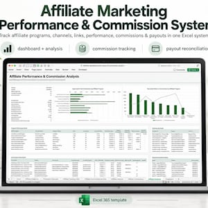 May include: A laptop screen displaying an Affiliate Marketing Performance & Commission System Excel template. The dashboard features data tables, bar charts, and line graphs for tracking programs, links, commissions, and payouts in one interface.