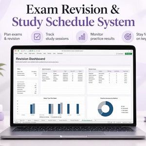 Peut inclure: Un ordinateur portable affichant un tableau de bord Exam Revision & Study Schedule System avec des tableaux et des graphiques. L'écran présente des sections pour les examens, le suivi des sessions et les résultats. Texte : Plan exams & revision.