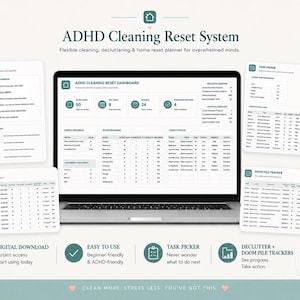 Puede incluir: Un sistema digital de reinicio de limpieza para TDAH que se muestra en una computadora portátil y varias tabletas. El sistema incluye un panel, un selector de tareas y rastreadores de limpieza. El texto dice "ADHD Cleaning Reset System" y "Descarga digital."