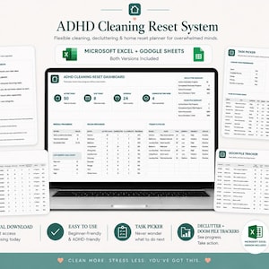 Op de afbeelding: Een digitaal ADHD-schoonmaak-reset-systeem op een laptopscherm, met een dashboard voor taakbeheer, voortgang van opruimen en een 'doom pile' tracker. Inclusief iconen voor Microsoft Excel en Google Sheets compatibiliteit.