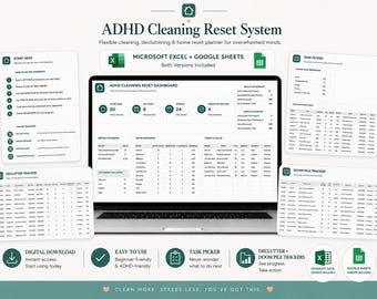 ADHD Cleaning Planner Excel Spreadsheet, Flexible Home Reset Workbook, Task Picker Dashboard, Declutter Doom Pile Tracker Routine Schedule