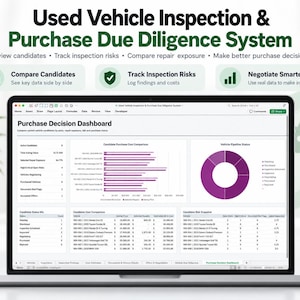 May include: A laptop screen displaying a Used Vehicle Inspection & Purchase Due Diligence System dashboard. The interface features a Purchase Decision Dashboard with data tables, a bar chart for cost comparison, and a purple donut chart for vehicle status.