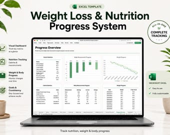 Weight Loss Tracker + Nutrition Planner Excel Template, Calorie Macro Tracker, Body Measurement Log, Weekly Check-In & Progress Dashboard