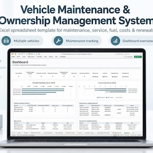 Puede incluir: Una pantalla de portátil que muestra una plantilla de hoja de cálculo de Excel para un sistema de gestión de mantenimiento y propiedad de vehículos, con gráficos y tablas para el seguimiento de servicios y costes.