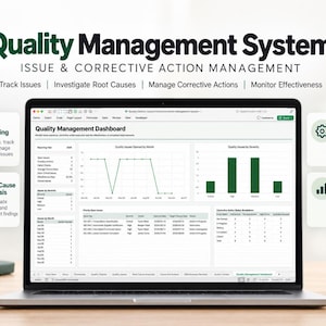Könnte beinhalten: Ein Laptop-Bildschirm mit einer Excel-Vorlage für ein Qualitätsmanagementsystem zur Verwaltung von Problemen und Korrekturmaßnahmen. Das Dashboard enthält Datentabellen, ein Liniendiagramm, ein Balkendiagramm sowie Beschriftungen für Analysen.