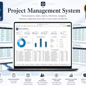 Op de afbeelding: Een digitaal projectmanagementsysteem in een spreadsheetwerkmap op een laptopscherm, met een dashboard inclusief grafieken, projectstatus, taakoverzichten, risicoanalyses en financiële tabellen voor het bijhouden van projecten en budgetten.