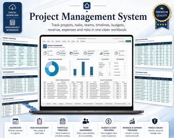 Project Management Spreadsheet, Excel Task Tracker, Portfolio Gantt Chart, Budget Cost Planner, Revenue Expense Dashboard, Risk Register