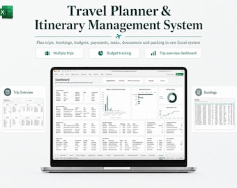 Travel Planner Excel Spreadsheet | Itinerary Planner, Vacation Budget, Booking Tracker, Packing List, Trip Organizer & Dashboard