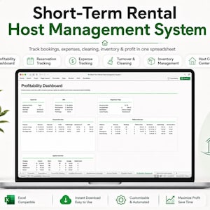 Op de afbeelding: Een laptopscherm met een spreadsheet voor een beheersysteem voor kortetermijnverhuur met een winstgevendheidsdashboard. De interface bevat secties voor het bijhouden van uitgaven en reserveringsgegevens in een overzichtelijke lay-out.