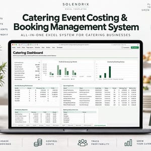Könnte beinhalten: Ein Laptop-Bildschirm zeigt eine Excel-Vorlage für ein Catering-Event-Kosten- und Buchungsmanagementsystem. Das Dashboard enthält ein Catering-Dashboard-Header, Diagramme für Gewinn und Umsatz sowie Tabellen zur Leistungsverfolgung.