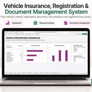 Könnte beinhalten: Ein Laptop-Bildschirm zeigt ein Fahrzeugverwaltungs-Dashboard in Excel. Die Benutzeroberfläche enthält Diagramme für offene Aktionen und anstehende Abläufe sowie Textüberschriften für Fahrzeugversicherung, Zulassung und Dokumentenverwaltung.