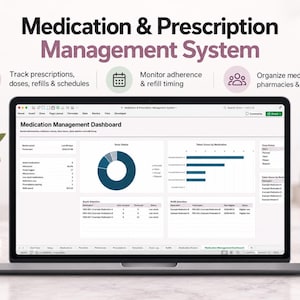 May include: A laptop screen displaying a Medication & Prescription Management System dashboard. The interface includes a Medication Management Dashboard title, a pie chart for dose status, a bar graph for doses by medication, and tables for stock and refill alerts.