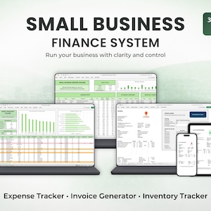 Op de afbeelding: Afbeelding van een financieel systeem voor kleine bedrijven met de tekst "SMALL BUSINESS FINANCE SYSTEM". De afbeelding toont een laptop, tablet en smartphone, elk met financiële tracking interfaces. Het systeem omvat een onkosten tracker, factuur generator en voorraad tracker.