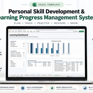May include: A laptop screen displaying an Excel template titled Personal Skill Development & Learning Progress Management System. The dashboard features a Learning Dashboard with bar charts, skill progress tables, and goal tracking metrics.