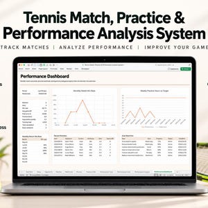 Peut inclure: Un écran d'ordinateur portable affichant un tableau de bord de système d'analyse de matchs, d'entraînement et de performance de tennis. L'interface comprend des graphiques de taux de victoire et d'heures d'entraînement, ainsi que des tableaux.
