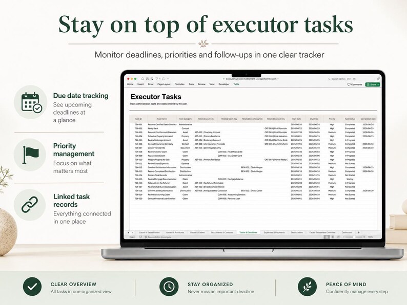 May include: A laptop screen displaying an Executor Tasks spreadsheet tracker. The interface includes columns for task ID, name, category, and due dates. Text on the screen reads Stay on top of executor tasks, Due date tracking, Priority management, and Linked task records.