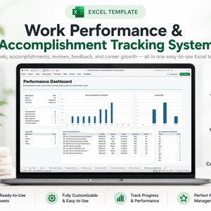 May include: A laptop screen displaying a Work Performance & Accomplishment Tracking System Excel template. The dashboard features bar charts, tables, and performance metrics. Text includes Track Your Goals, Measure Your Impact, and Drive Career Growth.