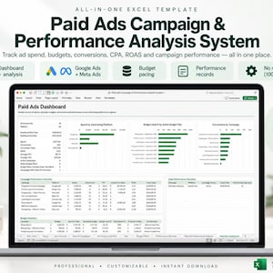 Pode incluir: Um modelo Excel tudo-em-um para um sistema de análise de desempenho e campanhas de anúncios pagos exibido na tela de um laptop. O painel apresenta tabelas de dados, gráficos de barras e métricas para rastreamento de gastos e orçamentos.