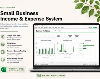 Small Business Income and Expense Tracker, Monthly Spending Spreadsheet, Tax Category Bookkeeping Log, Freelancer Excel Dashboard Template
