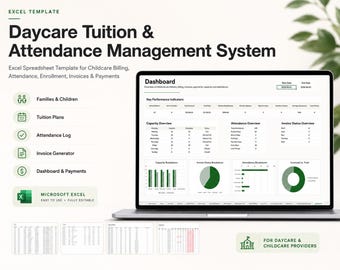 Daycare Tuition Attendance Spreadsheet | Childcare Billing Invoice Tracker | Enrollment Payment Planner | Capacity Excel Template