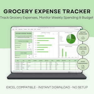 Op de afbeelding: Een digitaal overzicht van de uitgaven voor boodschappen, weergegeven op een laptopscherm. De spreadsheet toont een overzicht van de uitgaven, met grafieken voor wekelijkse uitgaven en budgetbewaking. De tekst luidt "Grocery Expense Tracker".