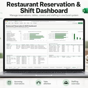Op de afbeelding: Een laptop met een Excel 365-sjabloon voor een Restaurant Reservation & Shift Dashboard. Het scherm toont gegevenstabellen, staafdiagrammen en kolommen voor reserveringen, tafels en personeel. De tekst luidt Restaurant Reservation & Shift Dashboard.