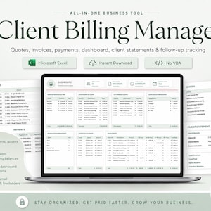 Op de afbeelding: Een laptop toont een interface voor een klantfactuurbeheerder. Het scherm toont een dashboard met financiële gegevens, facturen en klantafschriften. De afbeelding bevat de tekst "Client Billing Manager" en vermeldt functies zoals offertes, betalingen en follow-up. De software is compatibel met Microsoft Excel.